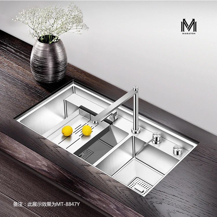

Asras 8847Y+3060 SUS304 handmade kitchen sink hidden sink covered lids brushed with drainer faucet tap free shipping
