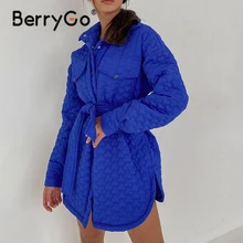 BerryGo Elegant royal blue Za jacket women winter coat Long sleeve lapel sash quilted coats Casual loose pocket down parka women