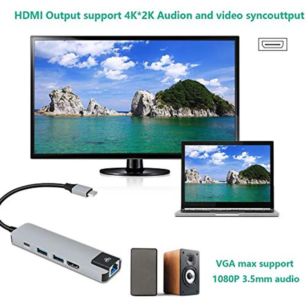 5 в 1 концентратор USB Type C HDMI 4K USB C концентратор для Gigabit Ethernet RJ45 Lan адаптер для MacBook Pro Thunderbolt 3 USB-C зарядное устройство