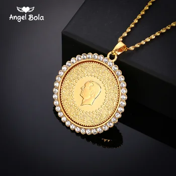 

Never Faded Big Size Turkey Coin Pendant & Necklaces with AAA Crystal for Women Gold Color Turkish Coins Jewelry Ethnic Gifts