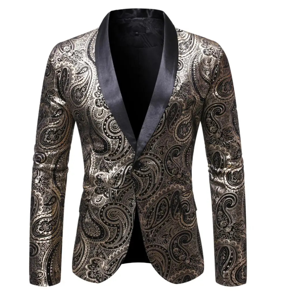 PUIMENTIUA 2019 New Mens Autumn Pirnt Casual Blazers England Style A Buckle Suits Men Blazer Slim Fit Embroidery V-Neck Blazer