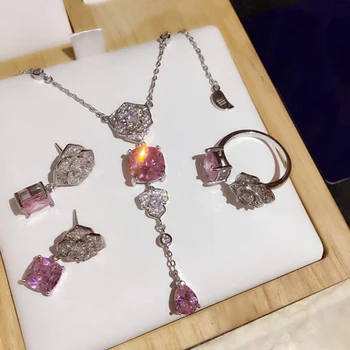 

Hot Brand Pure 925 Sterling Silver Jewelry Set For Women Pink Red Stone Hot Party Rose Jewelry Set Necklace Ring Earrings Set