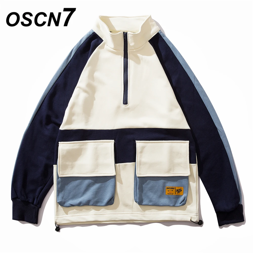 

OSCN7 High Street Casual Pocket Design Loose Sweatshirt Men 2019 Fall Fashion Streetwear Harajuku Oversize Sweatshirt Mens 1818