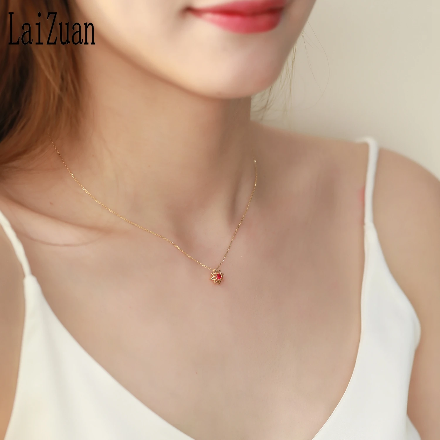 LaiZuan Real 18K (AU750), желтое золото, сертифицированный круглый 0.10ct, натуральный рубин, обручальные свадебные ожерелья для женщин, ювелирные