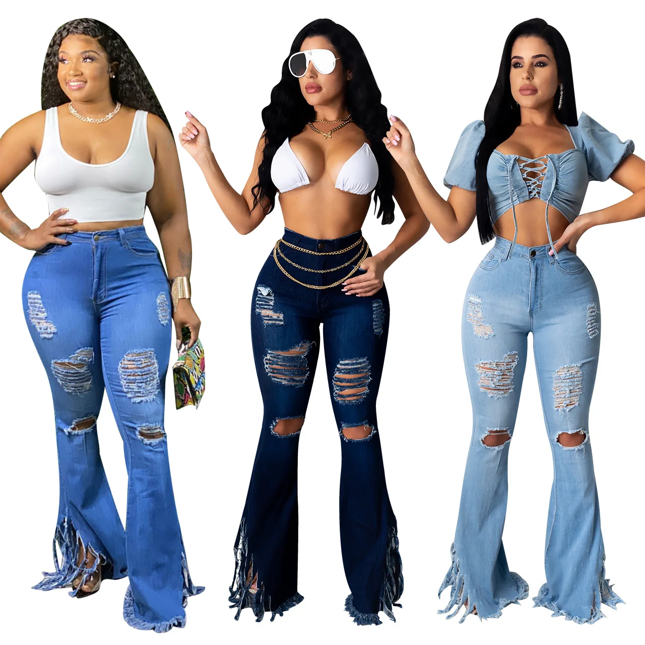 

Women's wear hot European and American up tassel washed jeans