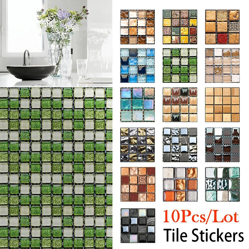 10Pcs 3D Crystal Tile Stickers Bathroom Kitchen Mosaic Self-Adhesive Wall Decora