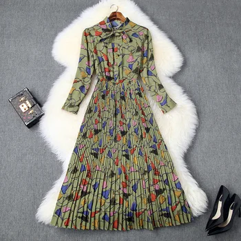 

European and American women's clothing 2020 spring new Nine-minute sleeve bow tie Tassel printing Fashion dress