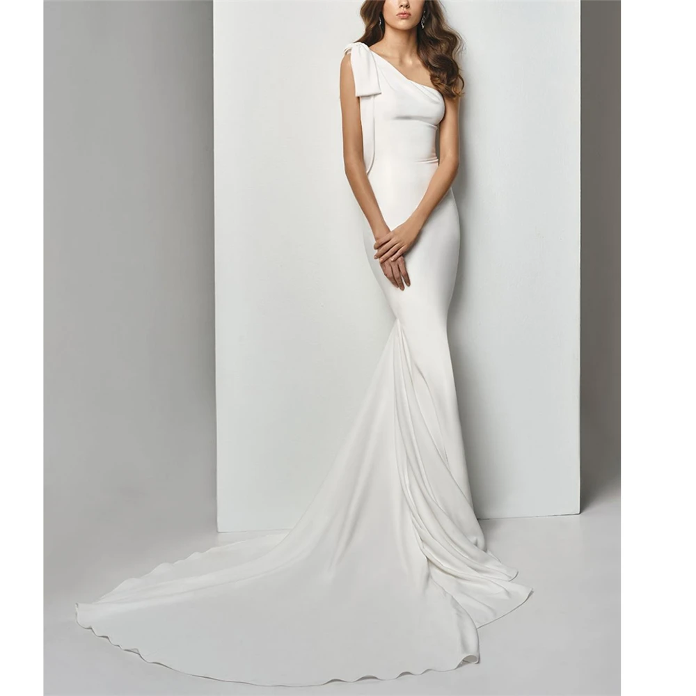 

Simple White Satin Wedding Dresses One-Shoulder Dropped Sheath Full-Length Asymmentric Court Train Noiva Vestidos With Bow