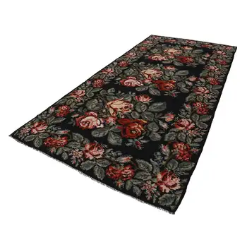 

183x380 Cm Black Handmade Rose Rug Runner Rug-6x12 Ft