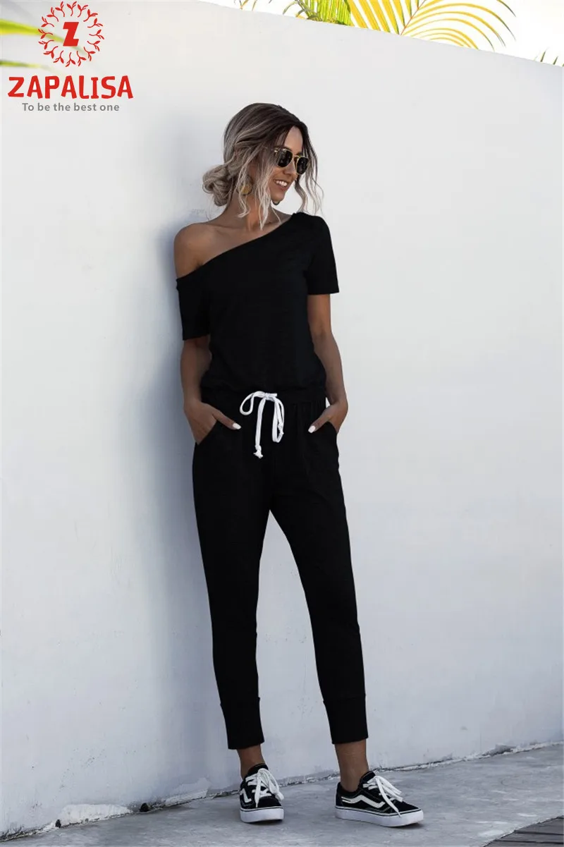 Fashion Women Summer Solid Color Jumpsuits Drawstring Design Pockets Decor Oblique Collar Short Sleeve Mid Waist Slim Jumpsuits 5
