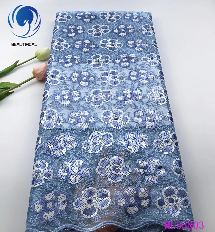 

Beautifical nigerian lace fabrics Fashion style Double mesh lace fabric with beads 5yards embroidery sequins lace fabric ML55N03