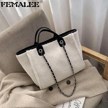 

Woolen Women Big Tote 2019 Soft Plush PU Leather Handbags Women Bags Designer Handbag Large Faux Fur Chains Shoulder Bucket Bag