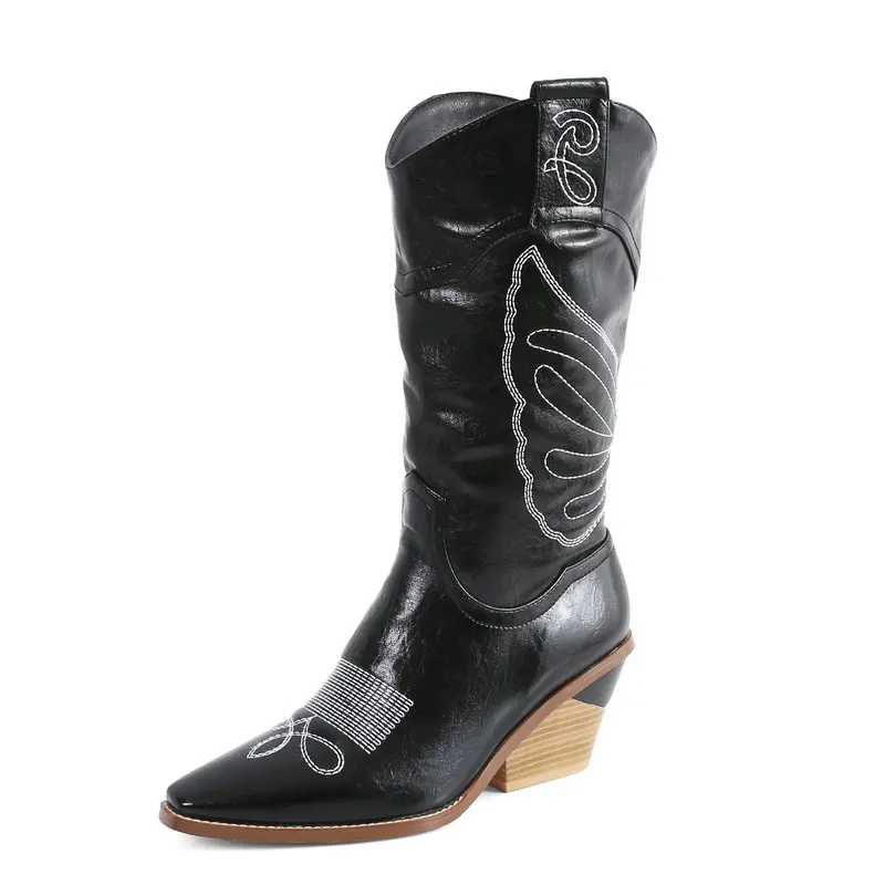 

2019 Fretwork Mid Calf Boots Women Faux Leather Wedges Knee High Boots Square Toe Winter Plush High Heel Woman Western Boots