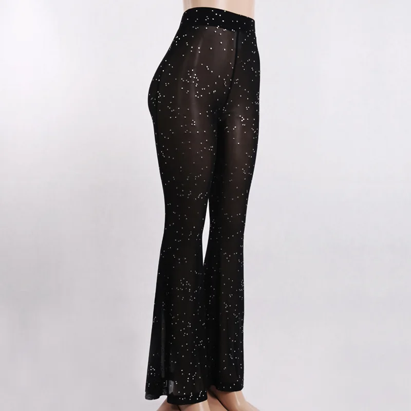Блестящие черные сетчатые сексуальные расклешенные брюки уличная рейв брюки прозрачные пляжные брюки-клеш летние брюки Pantalon Femme