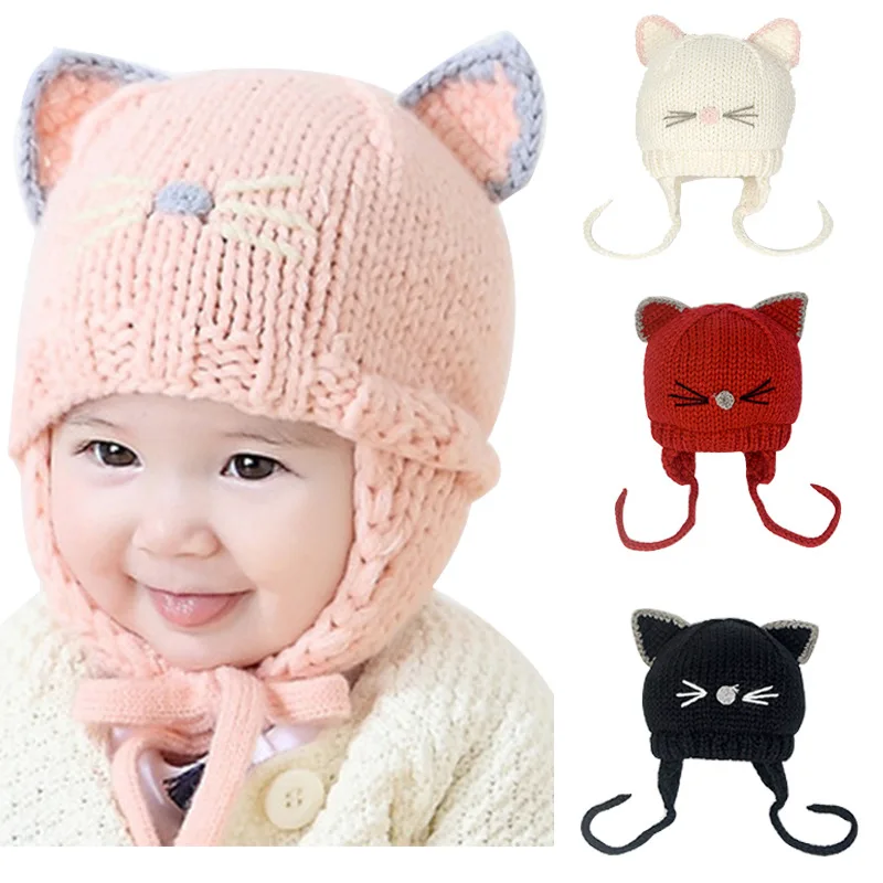 Детская шапка-ушанка, Шапка-бини с кошачьими ушками, теплая вязаная детская зимняя шапка для маленьких девочек и мальчиков, капот вязаный крючком, осенняя черная, бежевая, красная, розовая