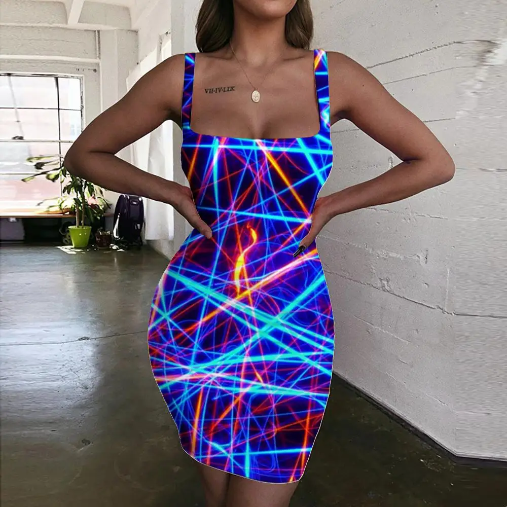 

KYKU Brand Neon Lights Dresses Women Abstract 3d Print Psychedelic Ladies Dresses Art Halter Sleeveless Womens Clothing Party