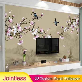 

Jointless Customized large-scale murals new Chinese style hand painted magnolia flowers and birds green background wallpaper 3D