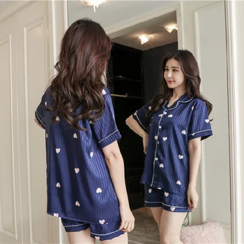 

WAVMIT Elegant Luxury Short Sleeve Pajamas Set Silk 2 Pcs Women Sleepwear Shirt Nightwear for Women Short Top +Pant Homewear