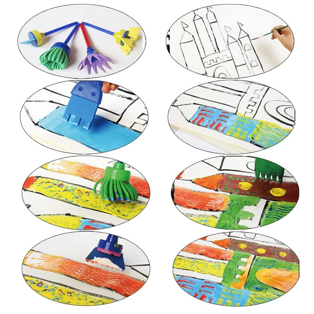 Children Kids Crafts Art Drawing Colorful Sponge Brushes w/ Painting Apron Tool Set Fun Toy