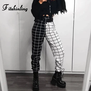 

Fitshinling Black White Patchwork Pants Women Casual 2020 Plaid Checker Joggers Athleisure High Waist Trousers Female Clothes