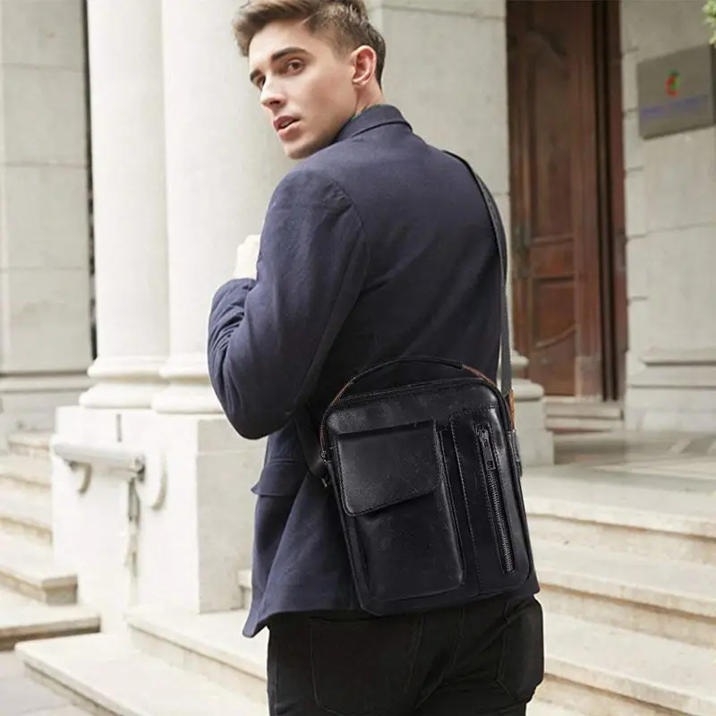 Новая сумка на плечо из натуральной кожи для мужчин портфель маленькая сумка на плечо для повседневной, деловой (черный)