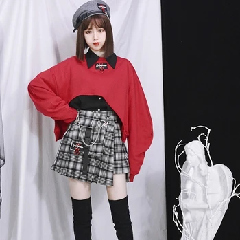 

Women High Waist Shorts Skirt With Pocket Japanese Harajuku Hard Sister Vintage Irregular plaid Pleated Skirt Chain Culotte