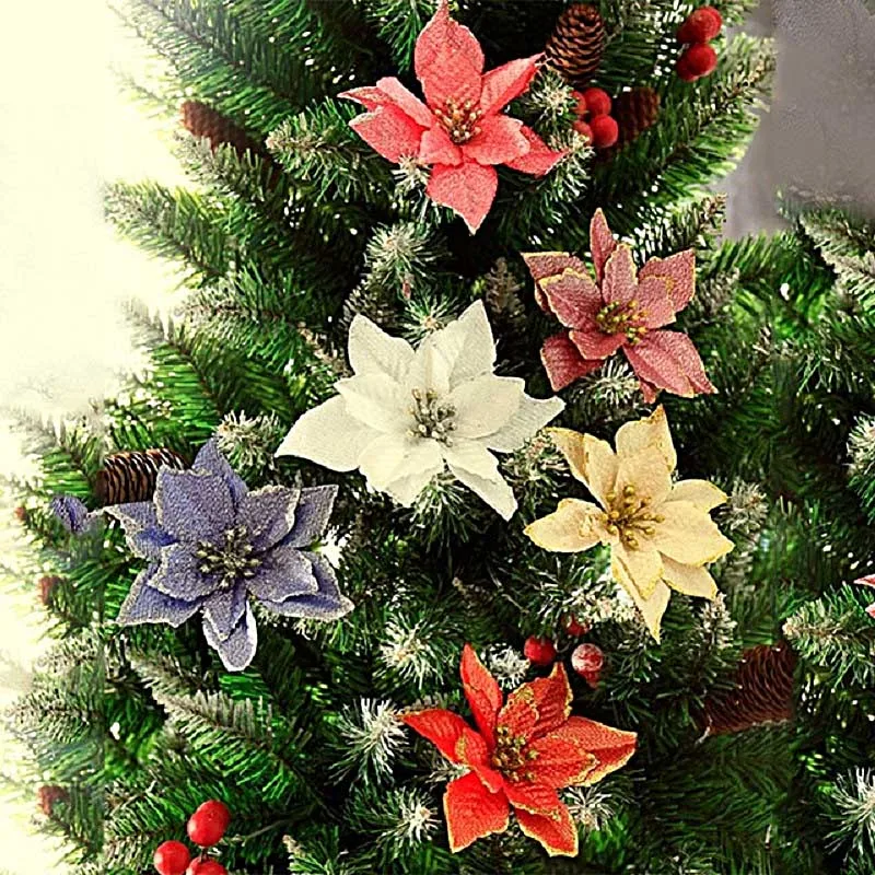 5pcs/lot 13cm Large Artificial Flowers for Christmas Decor Glitter Fake Flowers DIY Wedding Home Xmas New Year Decoration