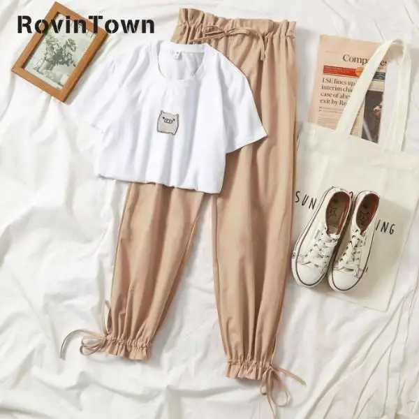 Спортивный костюм для женщин повседневный Свободный Белый Топ и штаны комплект