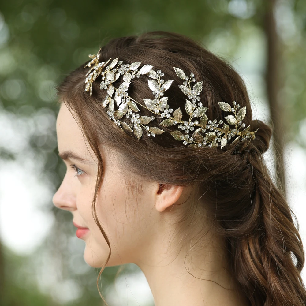 Luxury Gold Leaf Bridal Headpiece Crystal Side Tiara Wedding Hair Vine Headband Party Prom Hair Jewelry Brides Headdress