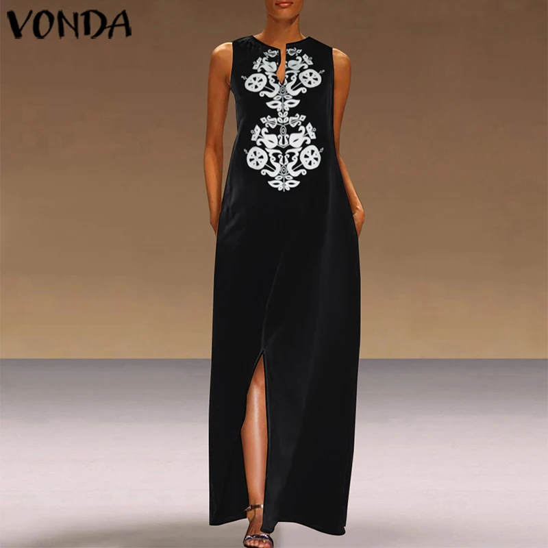 

VONDA Plus Size Women Maxi Long Dress 2019 Summer Sundress Bohemian Retro Sleeveless Printed Split Party Dress Sexy Vestidos