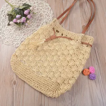 

NoEnName-Null Women Straw Bag Handwoven Round Rattan Handbags Knitted Shoulder Bag Tote Satchels
