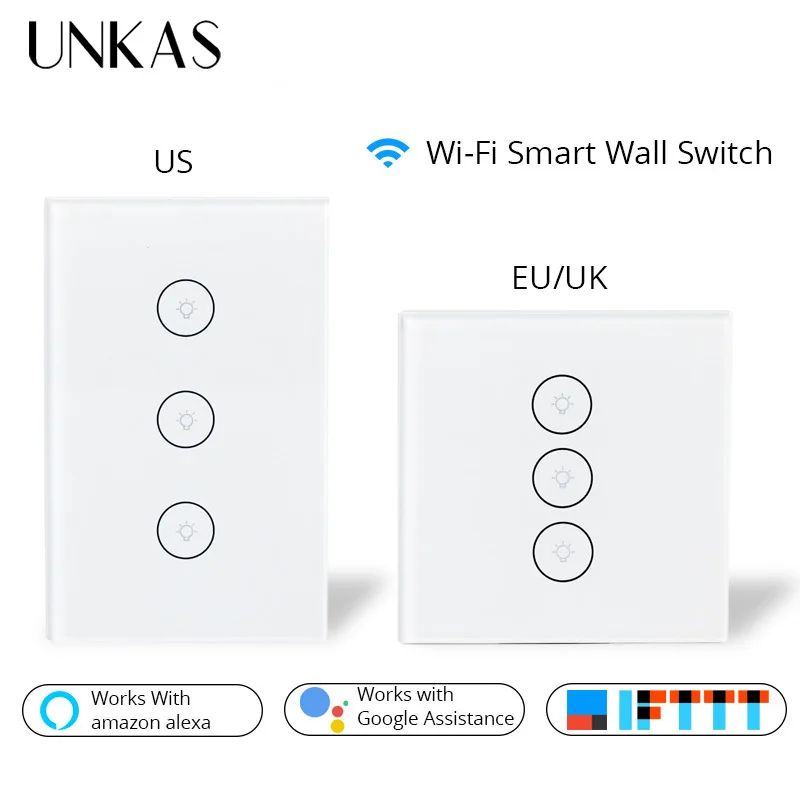 

UNKAS Smart Life Wifi Smart Wall Touch Switch Glass Panel Mobile APP Remote Control work with Amazon Alexa Google Home US EU UK
