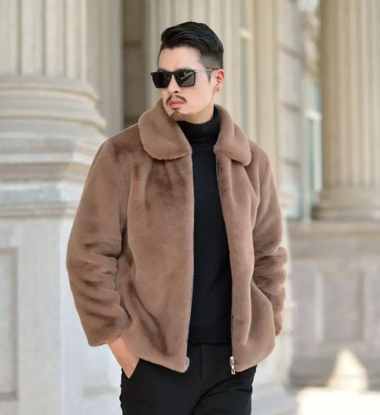 Brown autumn faux mink leather jacket mens winter thicken warm fur leather coat men slim jackets jaqueta de couro fashion 967