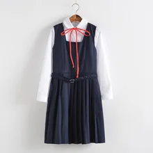 Школьные платья для девочек, белый топ с длинными рукавами, белая рубашка с галстуком, темно-синий жилет плиссированное платье короткая юбка костюм в стиле аниме