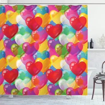 

Valentines Day Shower Curtain Set Love Decor by , Heart Shaped Balloons Colorful Cheerful Birthday Carnival Happy Image, Fabric