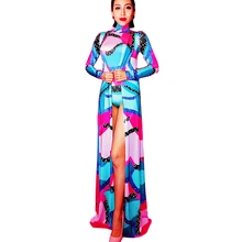 

Sparkling Rhinestones Multicolor Pattern Printing Bodysuit Sets Long Sleeve Shawl Coat Floor-Length Ladies Dance Stage Costume
