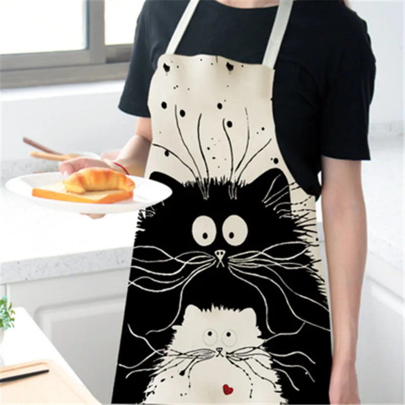 Women Men Cartoon Cat Printed Cotton Linen Chef Cooking Baking Kitchen Apron Bib 
