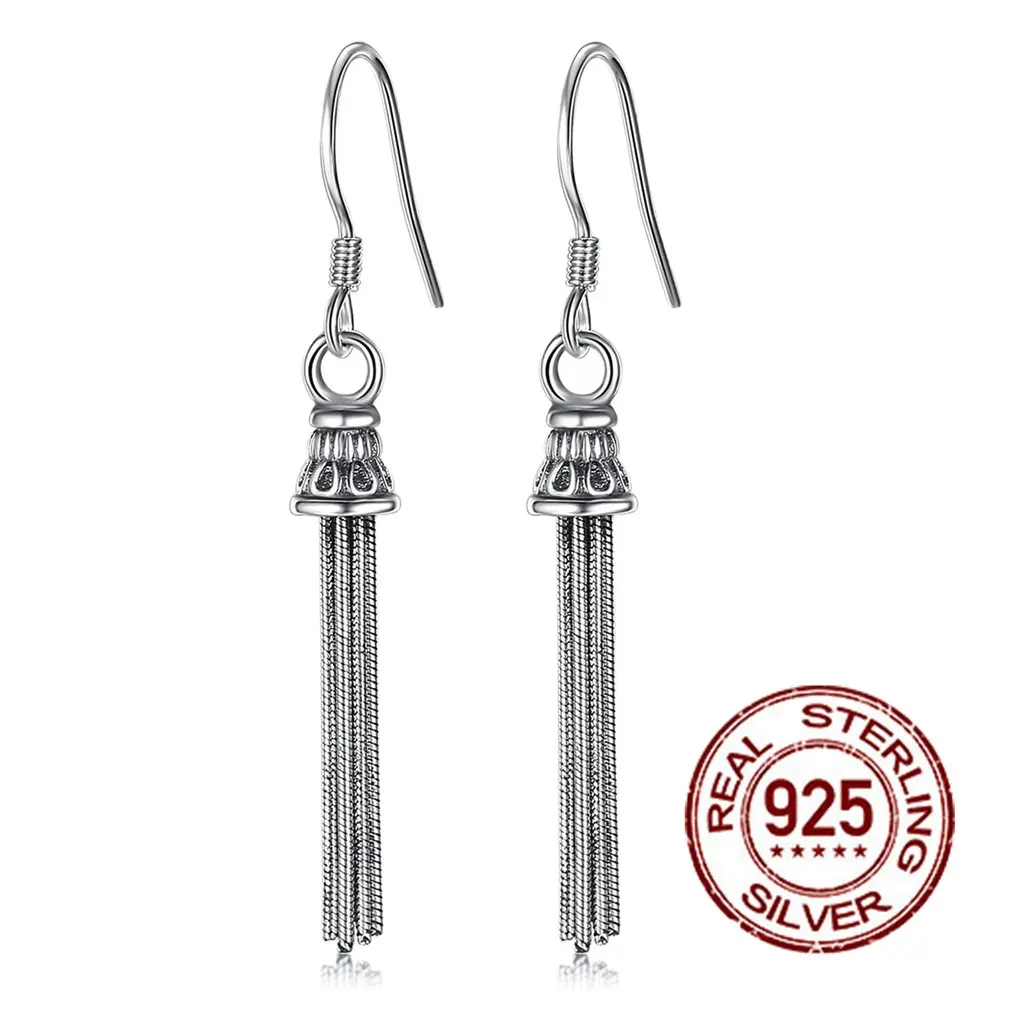 

Long Tassels S925 Sterling Silver Dangle Earrings for Women Vintage Sweet Simple Hook Drop Earrings Female Fashion Jewelry