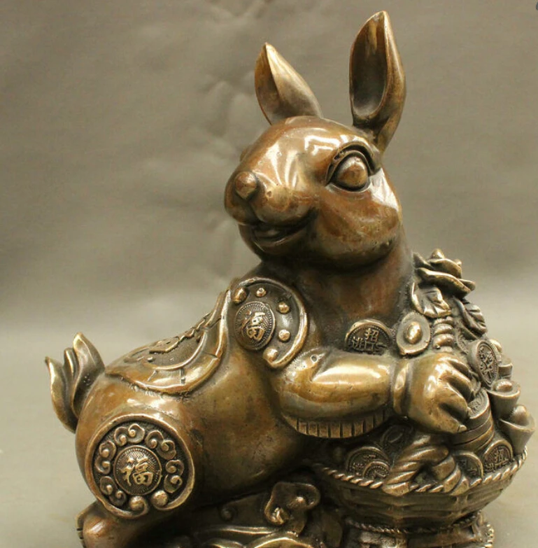 ---612+++9&quot Folk Chinese Bronze Culture Auspicious YuanBao Treasure Bowl Rabbit Statue | Дом и сад