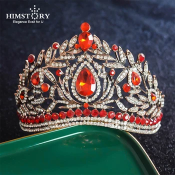 

Himstory Newest Design European Red Crystal Crown Headwear Bridal Wedding Hair Accessories Jewelry Bride Tiaras Princess Crowns