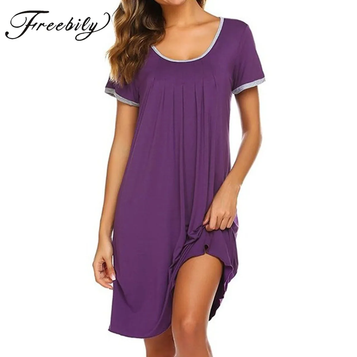 

Soft Women Sexy Sleepwear Dress Cotton Solid Color Short Sleeve Nightwear Dress Lingerie Home Clothing New