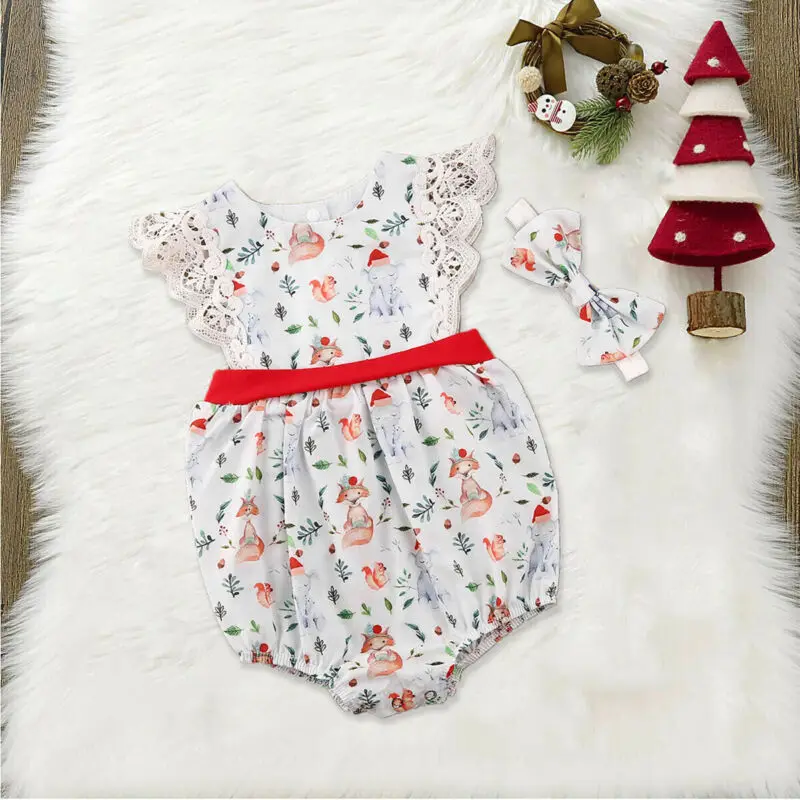 Emmababy; Рождественский комплект для маленьких девочек; комбинезон; Ползунки с дизайном «животные»+ повязка на голову с бантом
