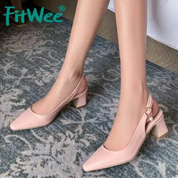 

Fitwee Plus Size 33-48 Women Sandals Shoes Slingbacks Metal Buckle Shoes Women Thick High Heels Strap Toe Casual Footwear