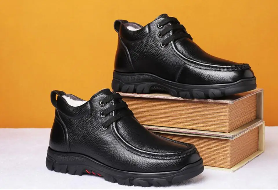 Men Genuine Leather Winter Boots Warm Wool Snow Fur Ankle Boots For Men Business Dress Shoes Men