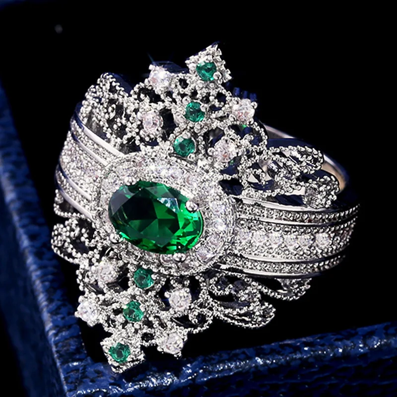 New Design Luxury Retro Palace Wind Carved Openwork Copper Plated Micro Zircon Green Crystal Ring For women Gift Jewelry | Украшения и