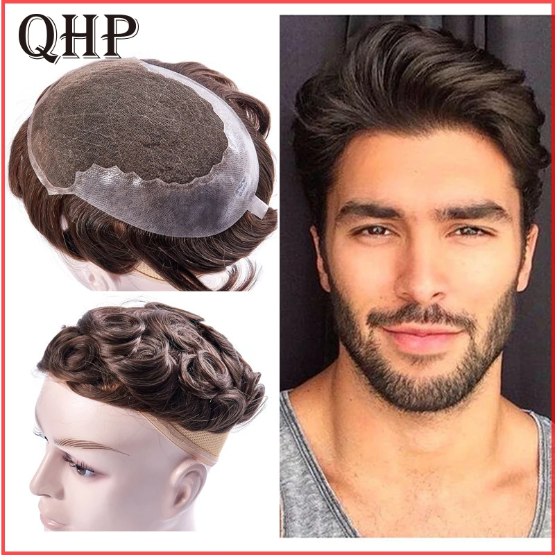 Human Hair Toupee For Men  french lace With PU Wig Hairpieces Indian Natural Remy Hair 6inch Mens Toupee
