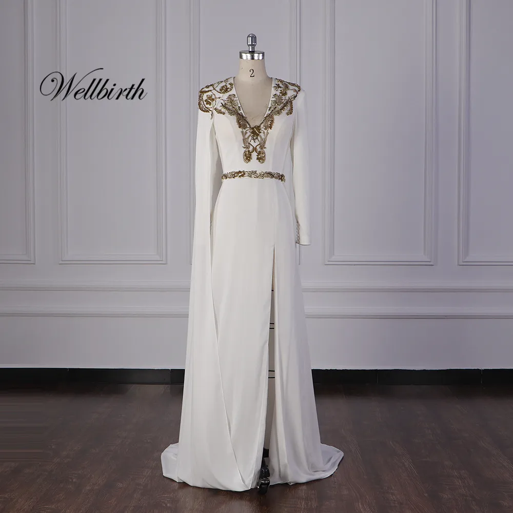 Реальное изображение Wellbirth Vestido de novia v-образный вырез свадебное платье с бусинами длинный рукав свадебное платье VSA001 - Цвет: picture color