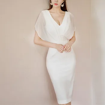 

Summer Dress Women Elegant White V-neck Batwing Sleeve Slim Sheath Dress Bodycon Female Formal Work Sexy Offie Lady Dress
