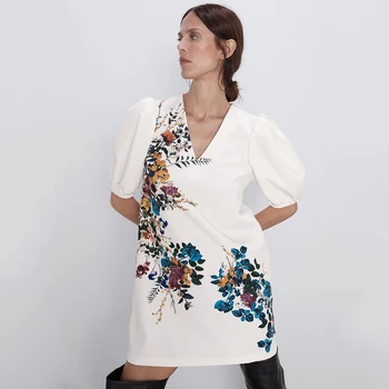 

New ZA Ladies Dress 2019 Europe and America Hot Sale White Print V-neck Short-sleeved Loose Casual Dress Holiday Birthday Gift