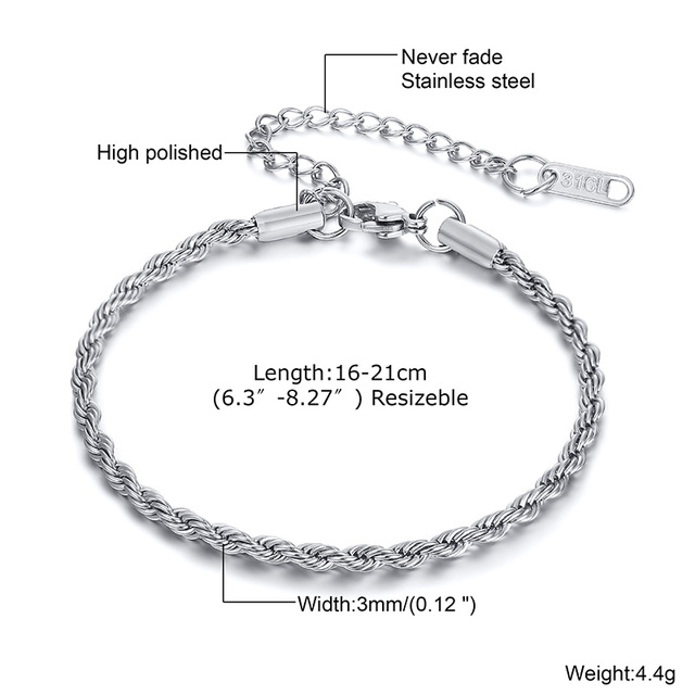 Twist Rope Chain Bracelet for Women Stainless Steel Bracelets Female Wrist Adjustable Length Party Layering Jewelry
